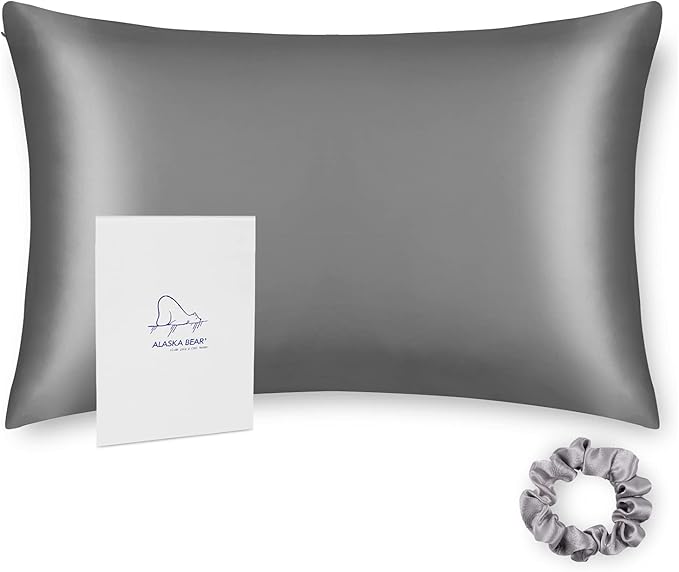 ALASKA BEAR Natural Silk Pillowcase, Hypoallergenic, 19 Momme, 600 Thread Count 100 Percent Mulberry Silk, Standard Size with Hidden Zipper (1pc, Iron Grey)