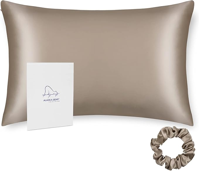 ALASKA BEAR Natural Silk Pillowcase, Hypoallergenic, 19 Momme, 600 Thread Count 100 Percent Mulberry Silk, Standard (1pc, Taupe Tan)