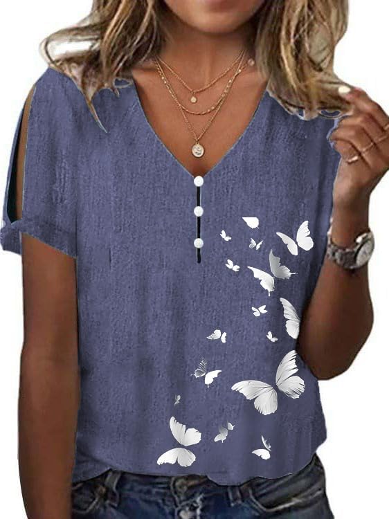 Women's Boho Butterfly Floral Print Cold Shoulder Flowy Tops Summer Dressy Casual V Neck Ladies Blouses Tunic Tops