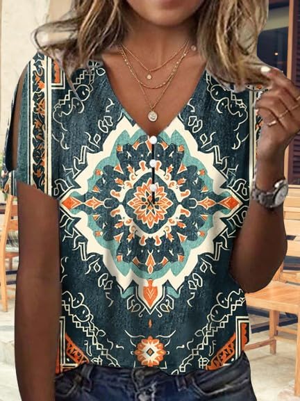 Women's Boho Butterfly Floral Print Cold Shoulder Flowy Tops Summer Dressy Casual V Neck Ladies Blouses Tunic Tops