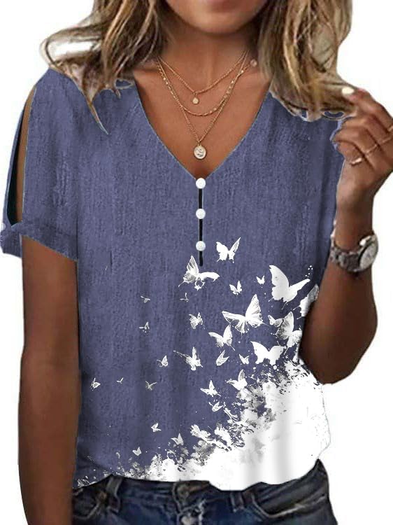 Women's Boho Butterfly Floral Print Cold Shoulder Flowy Tops Summer Dressy Casual V Neck Ladies Blouses Tunic Tops