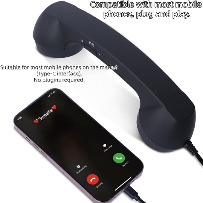 Retro Phone Handset, 2026 New Vintage Retro Telephone Wired Handsets Style Landline Handle Receiver for Cell Mobile Video Conferences, Calls, Meetings (Black,Type-C)