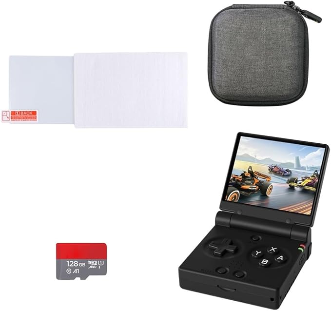 Miy Mini Flip 2.8-Inch IPS Screen Retro Handheld Game Console + Flip Onion SD Card 128G + Tempered Glass Screen Protector + Storage Bag
