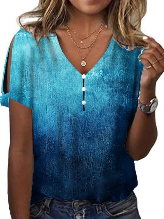 Women's Boho Butterfly Floral Print Cold Shoulder Flowy Tops Summer Dressy Casual V Neck Ladies Blouses Tunic Tops