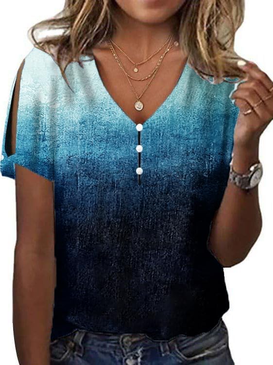 Women's Boho Butterfly Floral Print Cold Shoulder Flowy Tops Summer Dressy Casual V Neck Ladies Blouses Tunic Tops