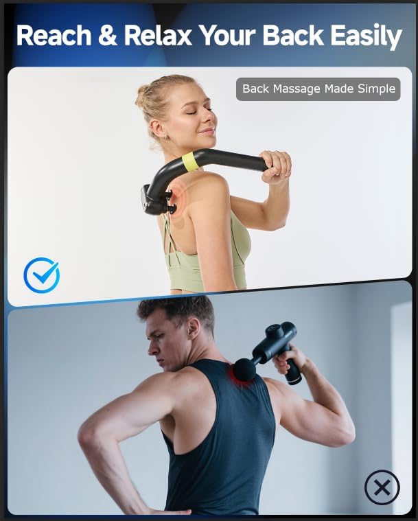Dual Head Massage Gun Deep Tissue 3-in-1 Back Massager with Detachable Extension Handle for Hard-to-Reach Areas, Gym & Home Use for Men and Women