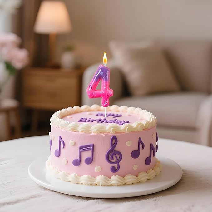 Lurevian K-pop Pink Purple Number Birthday Candle – Trendy Cake Decoration for Themed Parties, Sparkly Gradient Cake Topper for Girls Birthday Party Decoration for Teens（Number 4）