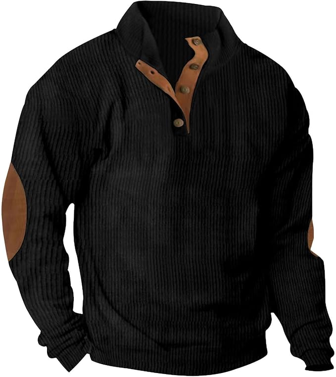 Men's Casual Corduroy Sweatshirt Long Sleeve Elbow Patches Pullover Fashion Stand Collar Quarter Button Sweatshirts