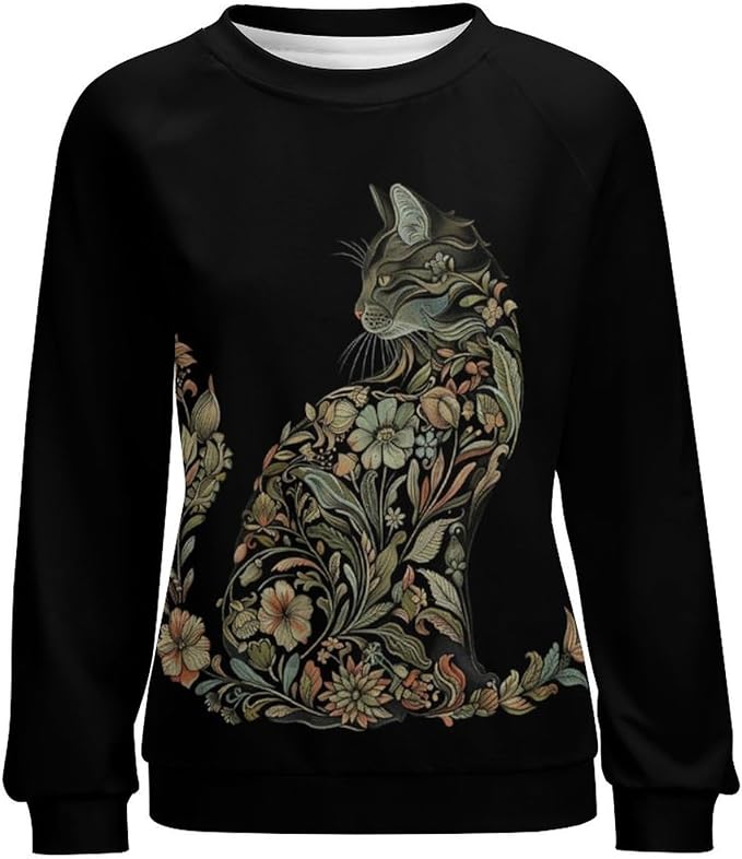 Sweatshirt for Women Cat Print Fashion Funny Plus Size Ladies Dressy Crewneck Casual Trendy Tee Shirts
