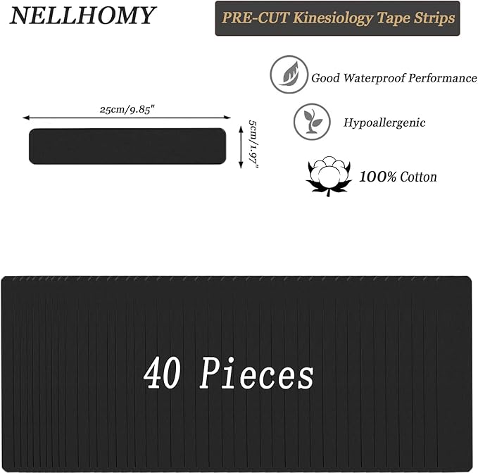 Kinesiology Tape<40 Precut Strips>Pro Elastic Athletic Tape,Cotton Waterproof Breathable Hypoallergenic Sports Tape for Joints Support & Muscle Pain Relief,Perfect for Any Activity (Black)