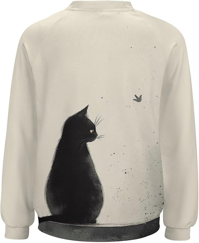 Long Sleeve Shirts for Women Cat Printed Fall Winter Dressy Holiday Casual Fashion Crewneck Tunic Tee Shirts
