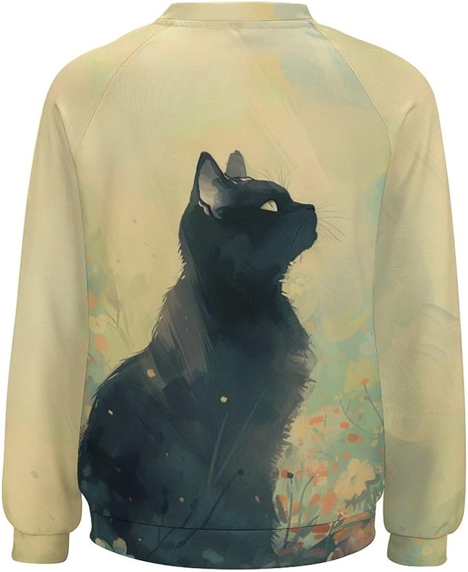 Long Sleeve Shirts for Women Cat Printed Fall Winter Dressy Holiday Casual Fashion Crewneck Tunic Tee Shirts