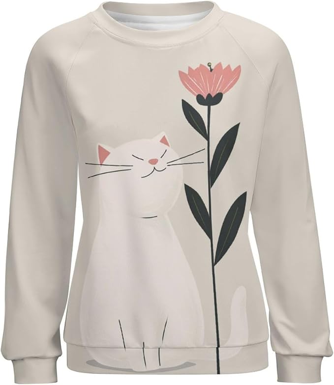 Long Sleeve Shirts for Women Cat Printed Fall Winter Dressy Holiday Casual Fashion Crewneck Tunic Tee Shirts