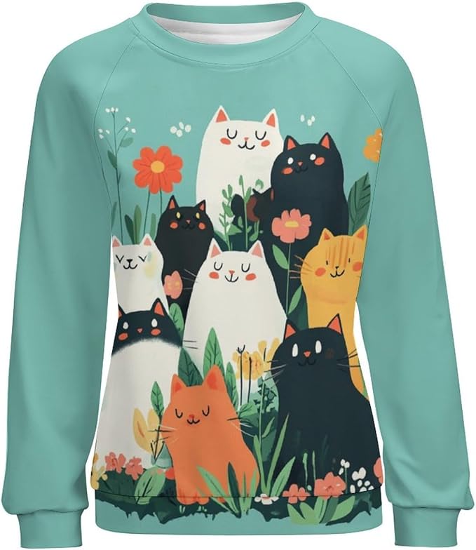 Fall Sweaters for Women 2024 Cat Print Long Sleeve Casual Crewneck Warm Fall Pullover Comfy Fashion Sweatshirts