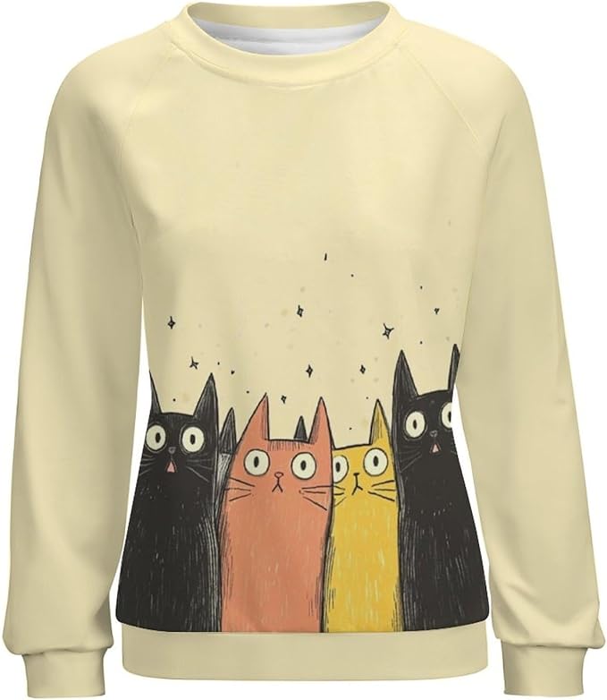 Fall Sweaters for Women 2024 Cat Print Long Sleeve Casual Crewneck Warm Fall Pullover Comfy Fashion Sweatshirts