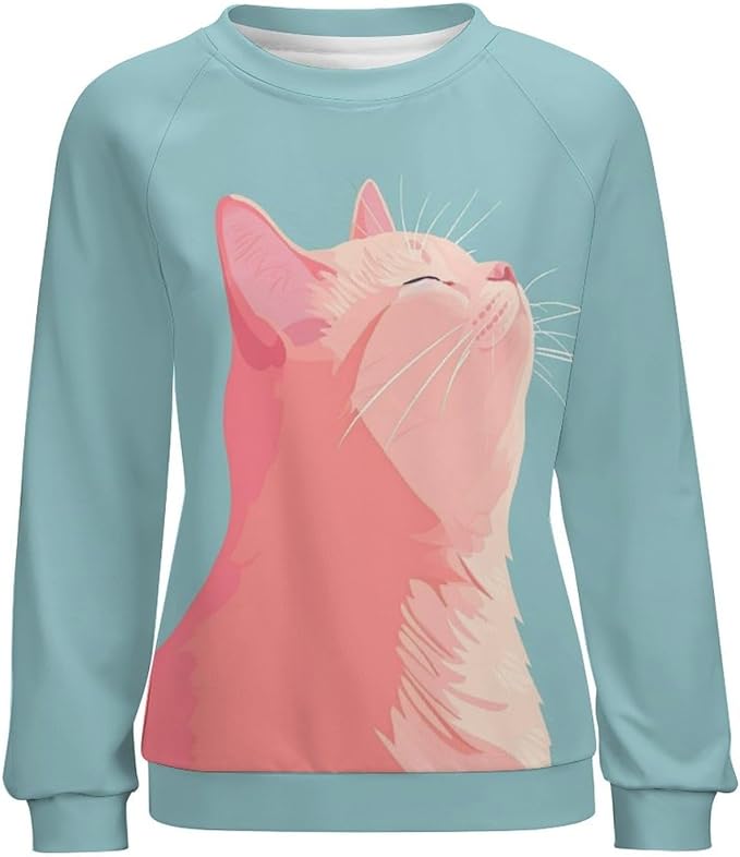 Long Sleeve Shirt Women Fall Cat Print Funny Hide Belly Vacation Plus Size Ladies Hippie Dressy Sweaters