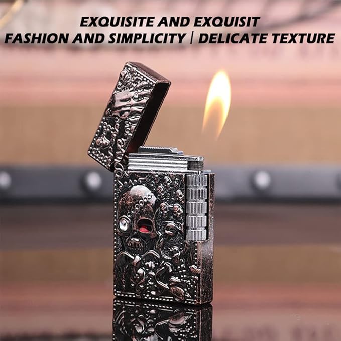 KAIEOMGN Carving Skull Antique Lighter, Vintage Cool Metal Lighters Refillable, Novelty Lighters for Men for Candles Ideas (No Butane Fuel). (Gold)