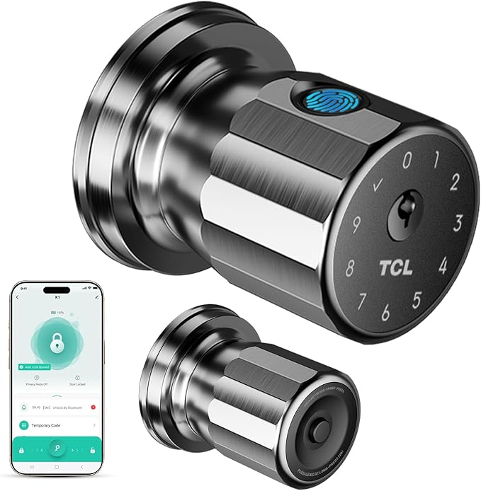 TCL K1 Smart Knob, Fingerprint Door Knob with Lock, Interior Door Knobs with App Control, Electronic Code Indoor Knobs for Bedroom, Home, Apartment, Office and Garages
