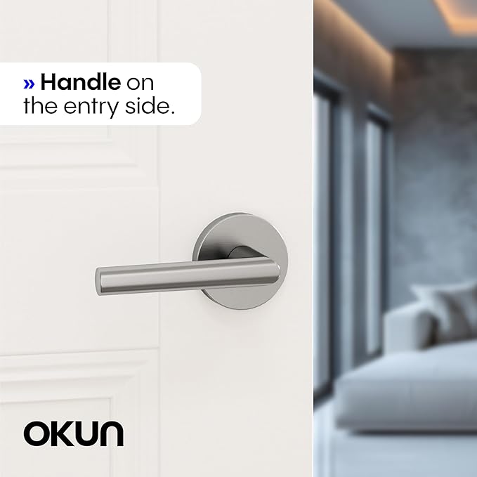 Okun Stark 1-Pack Brushed Nickel Passage Door Levers – Reversible Non-Locking Interior Handles with Sleek Concealed-Mount Design for Hallways & Closets