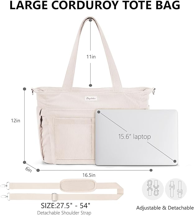 Corduroy Tote Bag for Women, 17 Pockets Laptop Work Tote Lightweight Teacher Nurse Bible Shoulder Bag for School Daily Travel