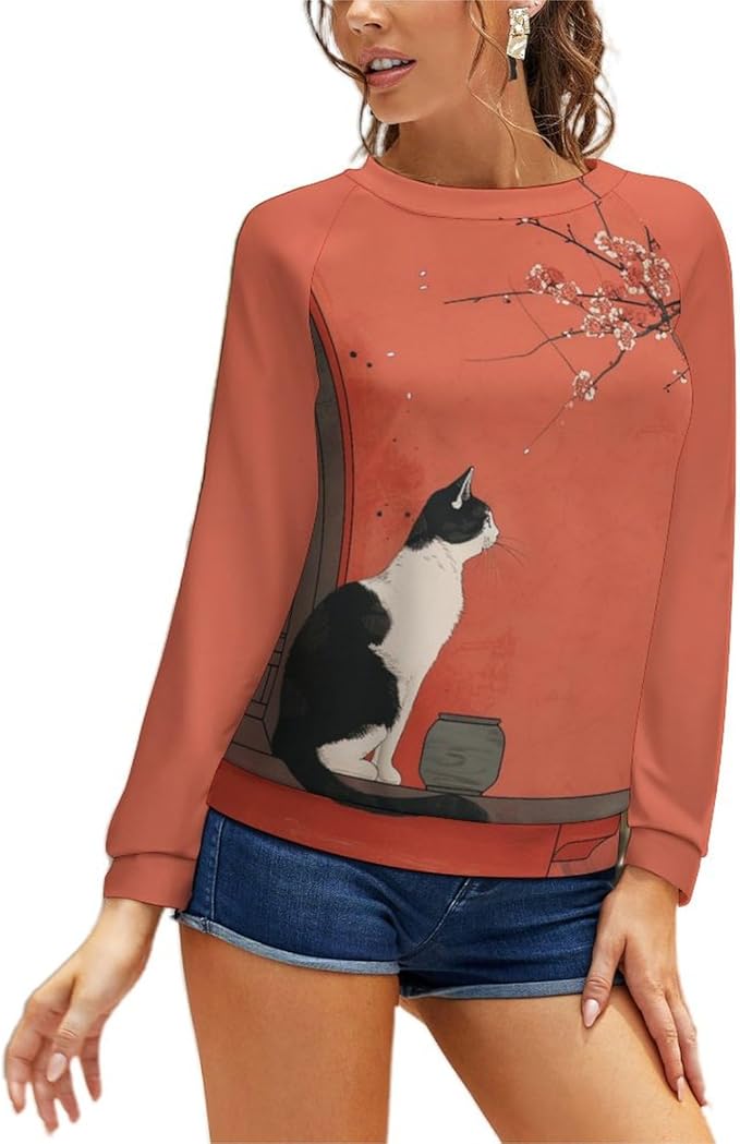 Long Sleeve Shirts for Women Cat Printed Fall Winter Dressy Holiday Casual Fashion Crewneck Tunic Tee Shirts