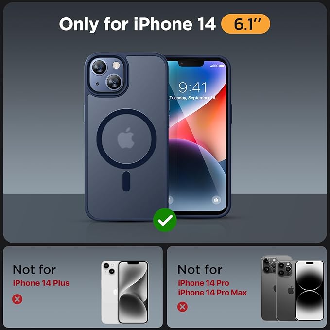 Miracase Magnetic for iPhone 14 Case 6.1 inch (Compatible with MagSafe)（with 2X Screen Protectors） Military-Grade Protection, Anti-Fingerprint Translucent Matte Phone Case Cover, Dark Blue