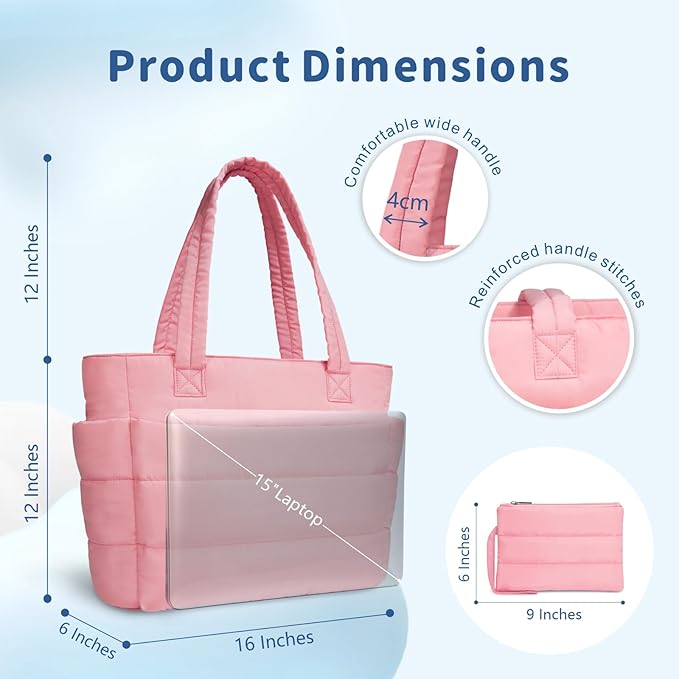 TOPDesign Puffer Tote Bag for Women, Lightweight Puffy Handbag with Compartments, Quilted Shoulder Bag for Work, Travel, Gym