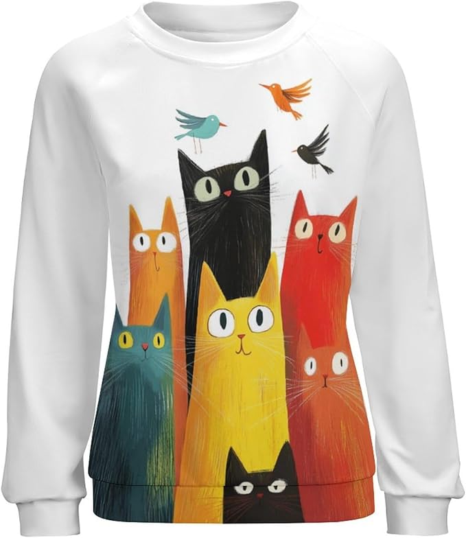 Fall Sweaters for Women 2024 Cat Print Long Sleeve Casual Crewneck Warm Fall Pullover Comfy Fashion Sweatshirts