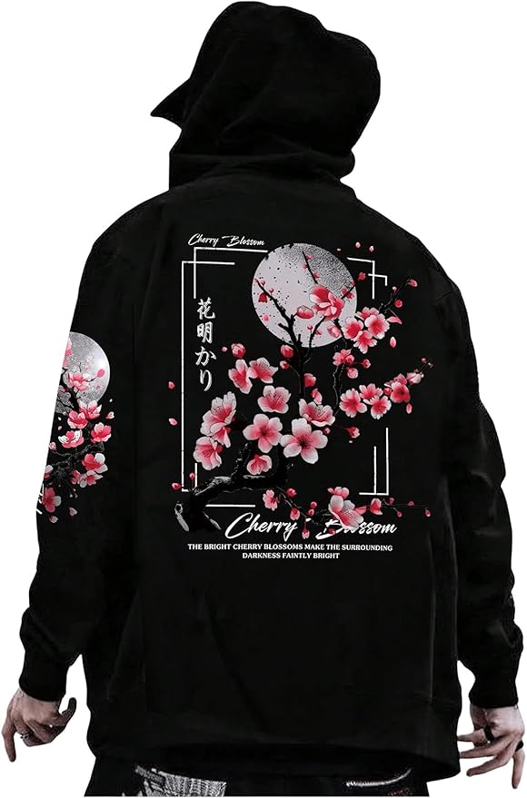 GORGLITTER Men's Graphic Hoodies Japanese Hoodie Top Oversized Long Sleeve Anime Pullovers Sweatshirts