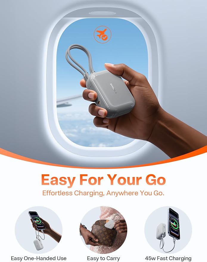 TORRAS EasyGo Portable Charger 10000mAh, 45W Ultra-Fast USB-C Power Bank with Dual Built-in Cables, Integrated Lanyard Design for One-Hand Use, Battery Pack Compatible with iPhone 16/17 Pro, Samsung