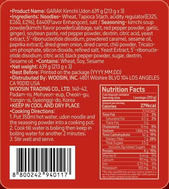 GARAK Kimchi Soup Udon Noodles (3 Packs) – Thick Japanese-Style Korean Noodles with Seasoning, Ready in 2 Minutes, Perfect for Quick Meals (645g / 22.75oz)