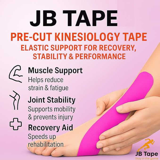 JB Tape Kinesiology Tape – 80 Precut 10-Inch Strips – Pink – Elastic, Latex-Free, Water Resistant – Athletic Muscle & Joint Support – 4 Rolls