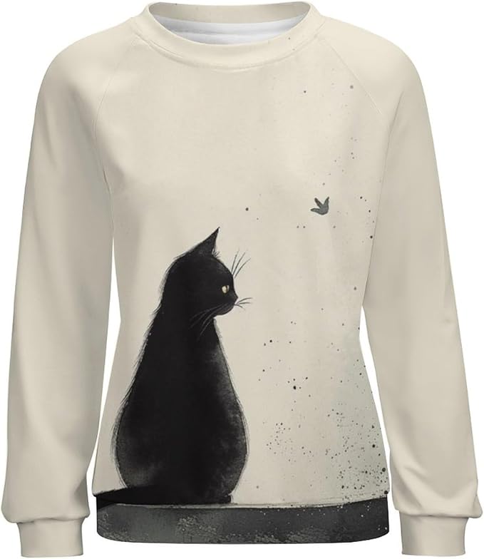 Long Sleeve Shirts for Women Cat Printed Fall Winter Dressy Holiday Casual Fashion Crewneck Tunic Tee Shirts