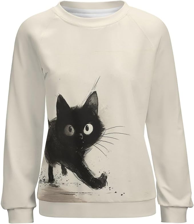 Long Sleeve Shirts for Women Cat Printed Fall Winter Dressy Holiday Casual Fashion Crewneck Tunic Tee Shirts