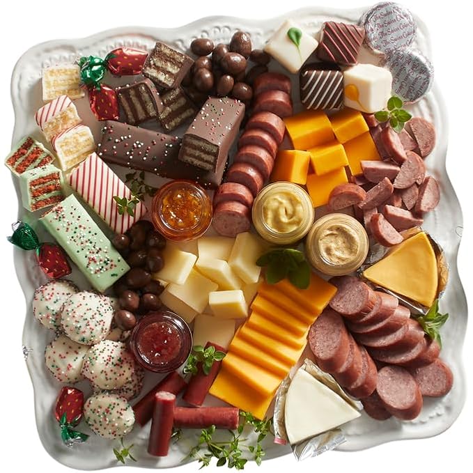 The Swiss Colony 27 Favorites and Traditional Christmas Candy Gift Bundle - Assorted Cheeses, Chocolates, Summer Sausage Meats, Nostalgic Hard Candy, Ribbons, Raspberry Drops and More