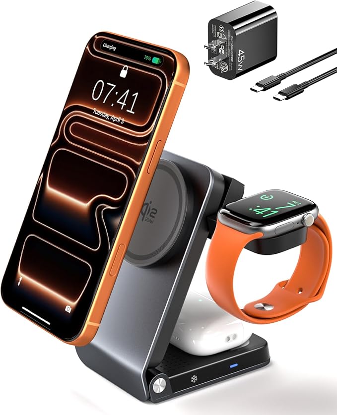 CloudValley 3-in-1 Magnetic Travel Wireless Charging Station, Qi2.2 25W Foldable Charging Stand with TEC Active Cooling Fan, Design for MagSafe iPhone 17/16, AirPods & Apple Watch（Adapter Included