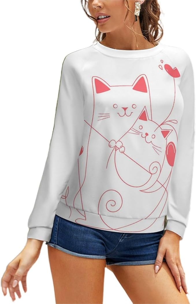 Long Sleeve Shirt Women Fall Cat Print Funny Hide Belly Vacation Plus Size Ladies Hippie Dressy Sweaters