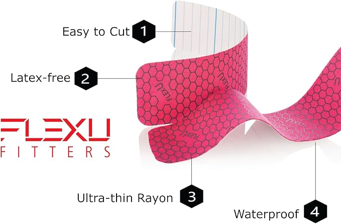FlexU Kinesiology Tape - 60 2" x 10" Pre-Cut Strips for Lower Back, Knees, & Shoulders; Pain Relief & Support for Muscles & Joints, Shoulders, Knees & Back, Rheumatism, Gout, Osteoporosis (Pink)