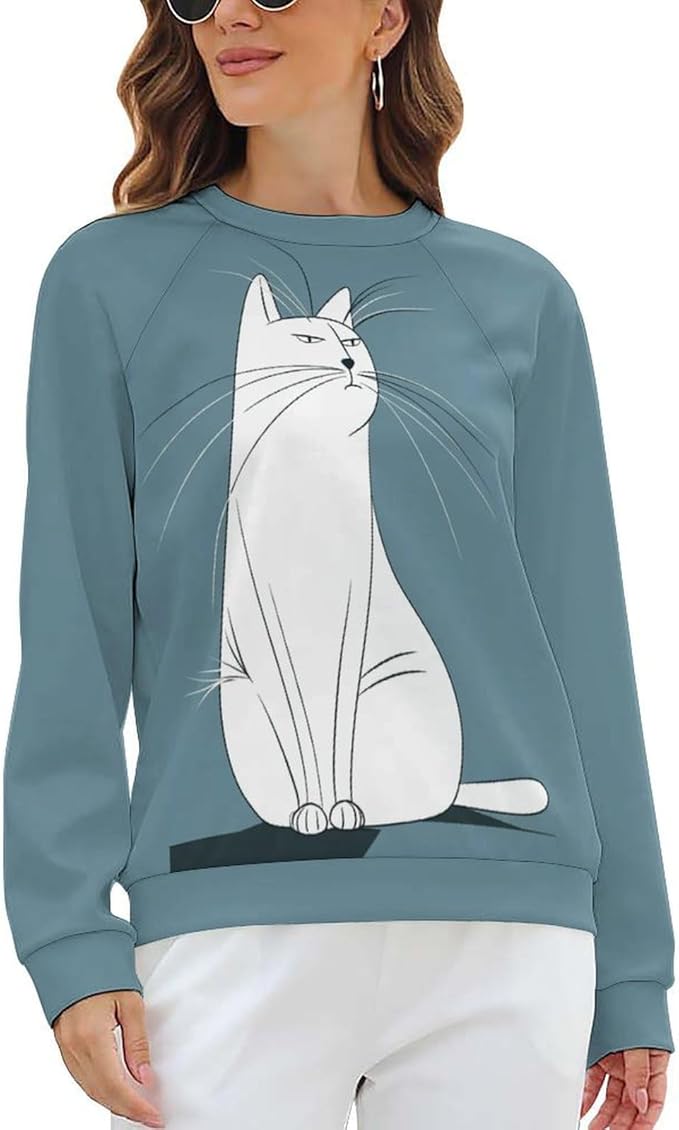 Long Sleeve Shirt Women Fall Cat Print Funny Hide Belly Vacation Plus Size Ladies Hippie Dressy Sweaters