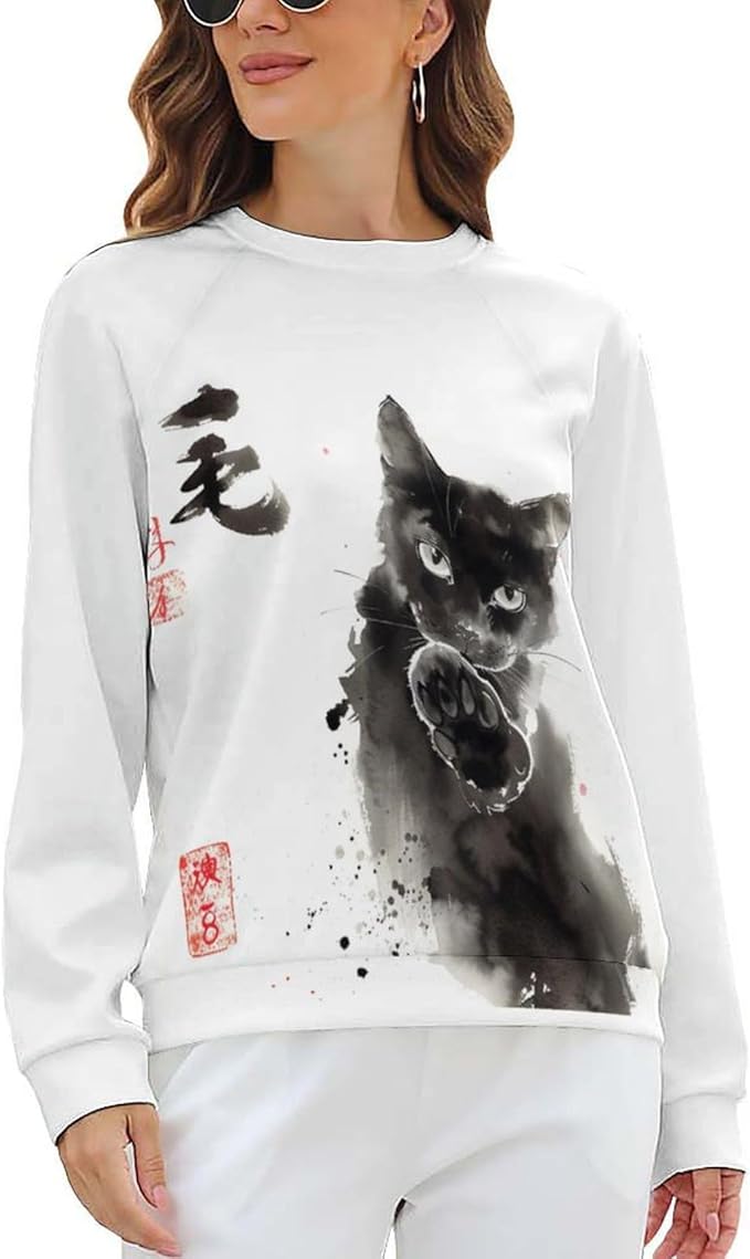 Long Sleeve Shirts for Women Cat Printed Fall Winter Dressy Holiday Casual Fashion Crewneck Tunic Tee Shirts