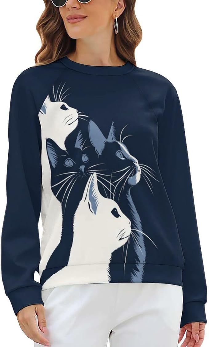 Long Sleeve Shirt Women Fall Cat Print Funny Hide Belly Vacation Plus Size Ladies Hippie Dressy Sweaters