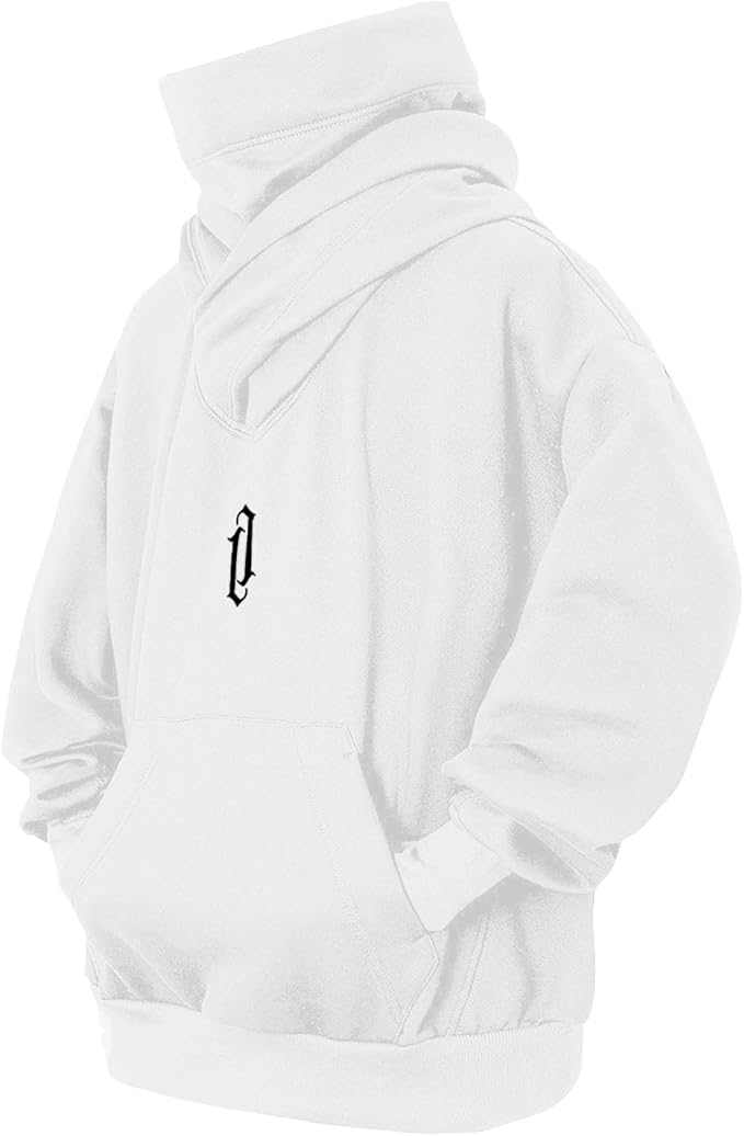Fleece Hoodies for Men Cowl Neck Sweatshirts Hood with neck Gaiter Casual Pullover Fall Winter with Embroidery