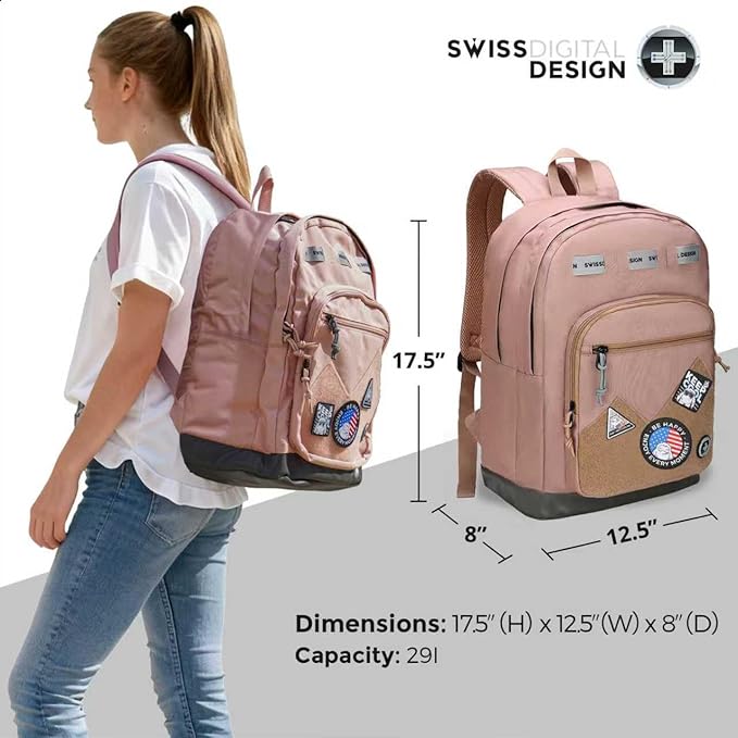 Swissdigital Design Big Student Laptop Backpack with Fun Personalized Patches For College Boy & Girl, Middle High School Teen Bookbag Cool Travel Daypack Mocha Brown - Includes 3 Patches | SD1718-35
