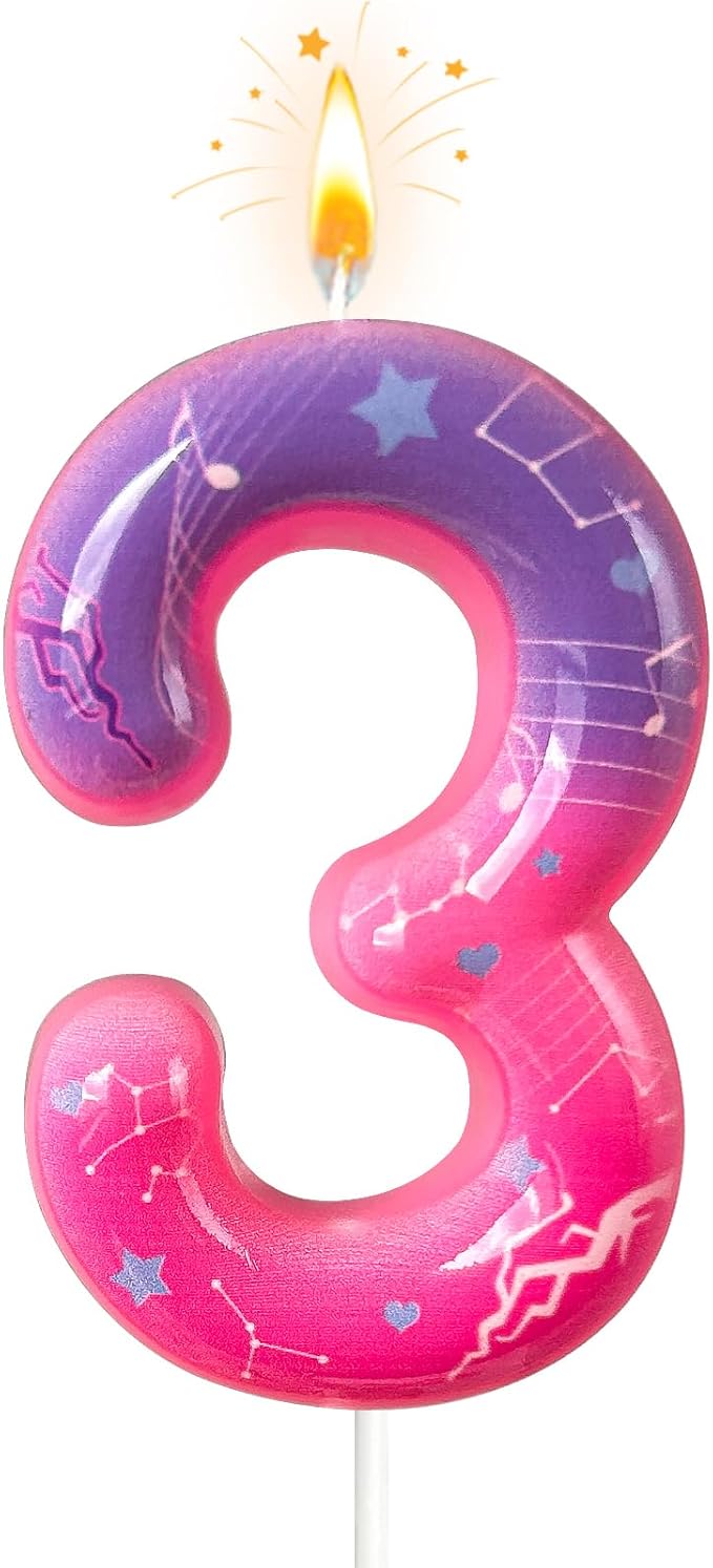 Lurevian K-pop Pink Purple Number Birthday Candle – Trendy Cake Decoration for Themed Parties, Sparkly Gradient Cake Topper for Girls Birthday Party Decoration for Teens（Number 3）