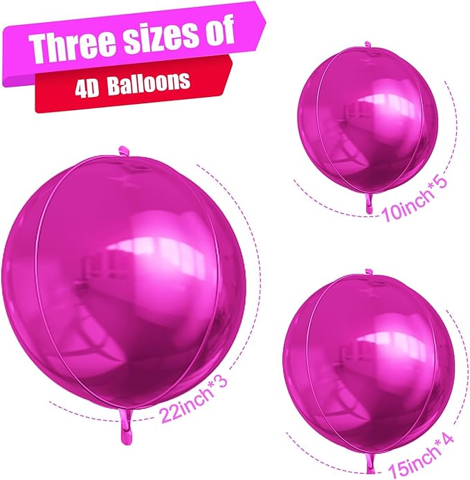 12Pcs Hot Pink Round Foil Balloons, 22" 15" 10" 4D Helium Ball Balloon, Metallic Pink Foil Balloon for Birthday Graduation Wedding Anniversary New Year Eve Disco Prom Party Decorations