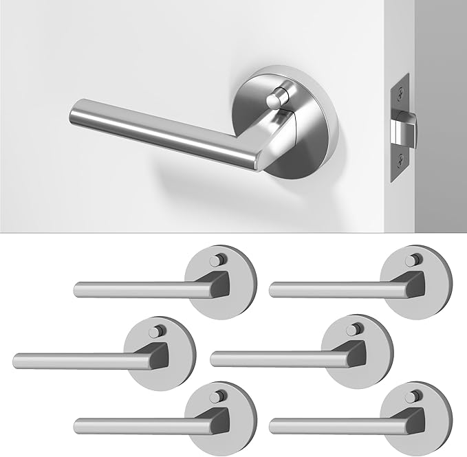 Okun Brio 6-Pack Chrome Privacy Door Levers – Push Button Lock, Reversible, Sleek Concealed-Mount Design for Bedroom & Bathroom