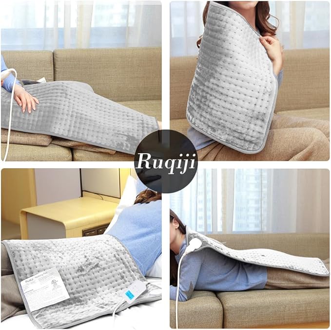 Ruqiji 17''x33'' XXXL King Size Heating Pad with Fast-Heating Technology&10 Temperature Settings, Flannel Electric Heating Pad/Pain Relief for Back/Neck/Shoulders/Menstrual Pain/Leg Cramp (Light Grey)