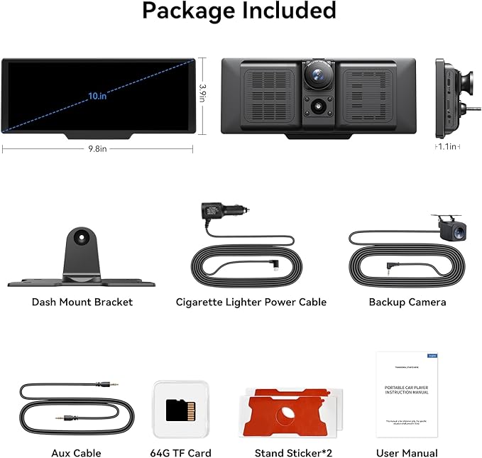 Portable Apple Carplay Screen for Car, 10.26" Wireless Car Play Touchscreen with 4K Dash Cam, 1080P Backup Camera, Carplay&Android Auto, Loop Recording, GPS Navigation, Bluetooth