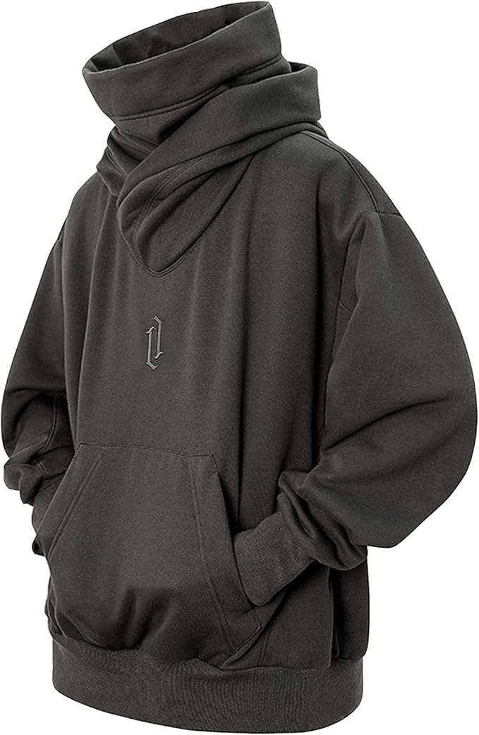 Fleece Hoodies for Men Cowl Neck Sweatshirts Hood with neck Gaiter Casual Pullover Fall Winter with Embroidery