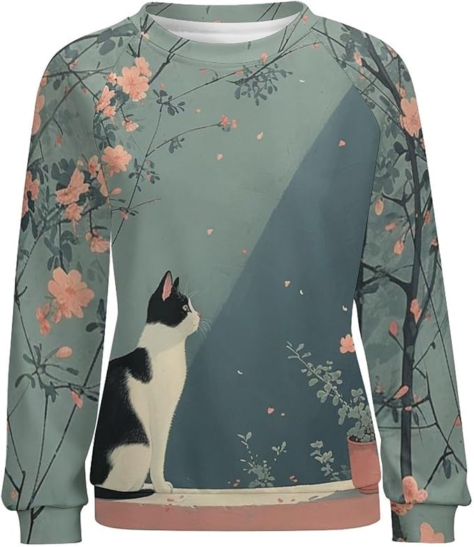Long Sleeve Shirts for Women Cat Printed Fall Winter Dressy Holiday Casual Fashion Crewneck Tunic Tee Shirts